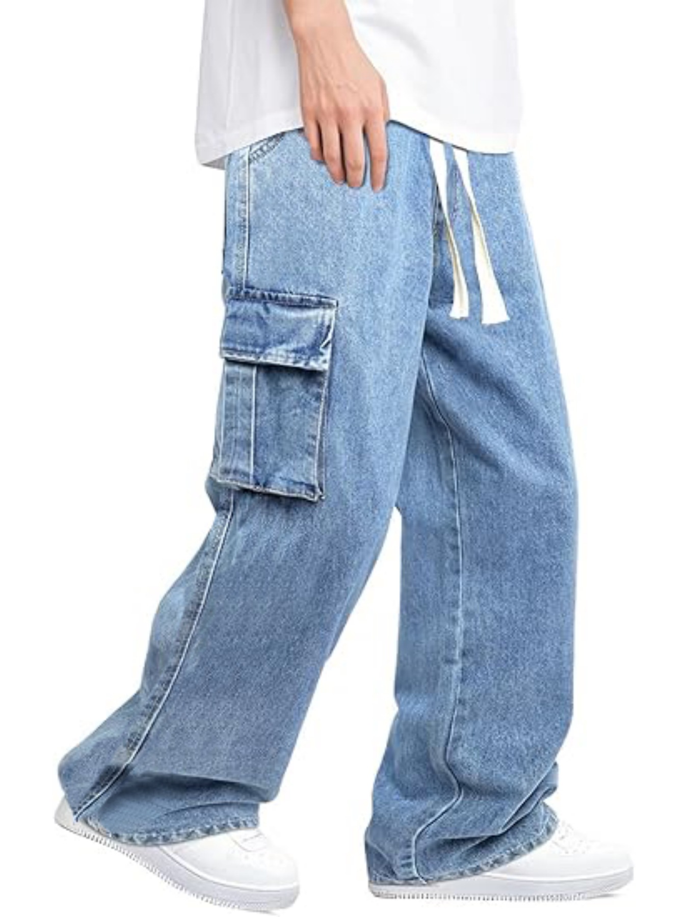 High Street Style Men's Cargo Jeans Multi Pocket Loose Fit Wide Leg Floor Length Drawstring Pants_mkmklike.com