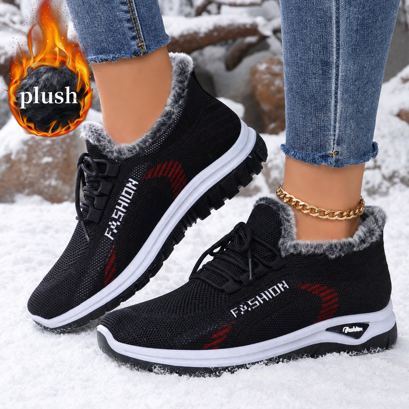 Zapatos de mujer de invierno transfronterizos de lana y calentamiento de algodón grueso botas de algodón de peluche de mediana edad y botas de madre ligeras y planas