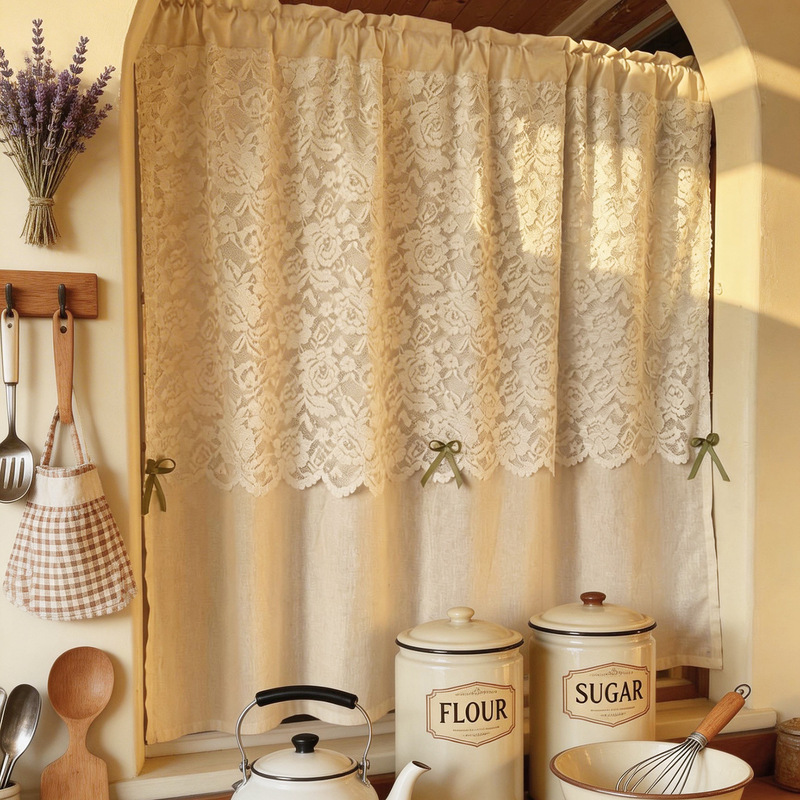 Lace Curtain~Exquisite Bowknot Half Curtain Door Curtain Matcha Sweet Style French Elegant Partition Curtain No Drilling Required Lace Curtain~Exquisite Bowknot Half Curtain Door Curtain Matcha Sweet Style French Elegant Partition Curtain No Drilling Required
