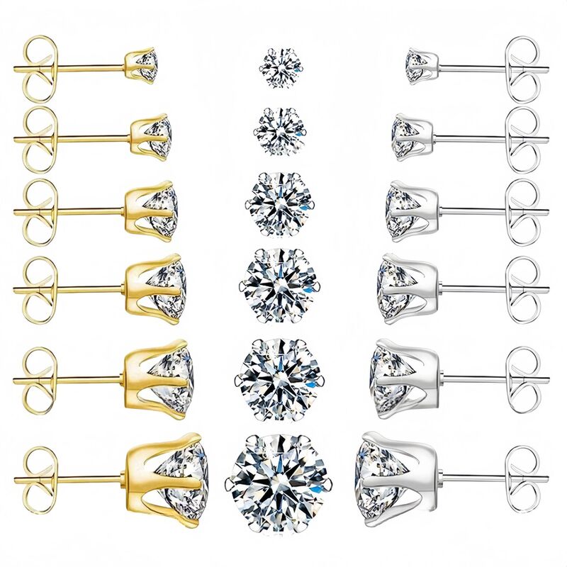 Cross-border stainless steel six-claw earrings butterfly buckle classic crown diamond round zircon European and American titanium steel ear jewelry wholesale