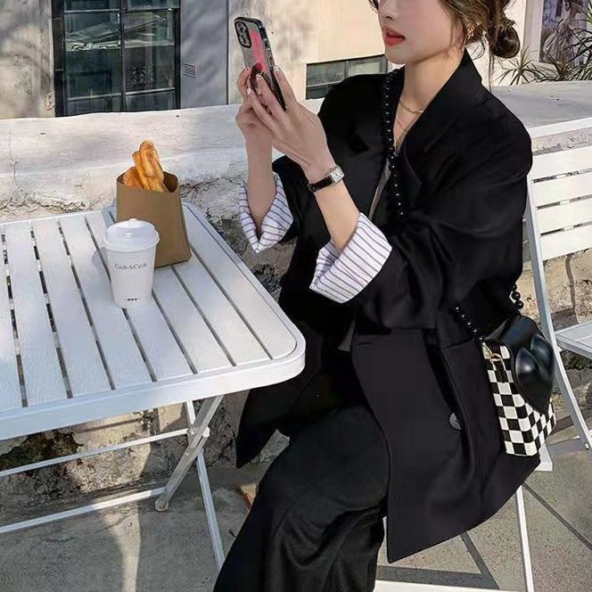 Áo khoác vest nữ công sở dáng trung bình, form rộng, tay dài, kiểu mới xuân thu — Màu trắng nhạt, đen, Màu trắng nhạt - phiên bản nâng cấp với chất liệu vải tốt hơn, Phiên bản nâng cấp màu đen với tay nghề tốt hơn