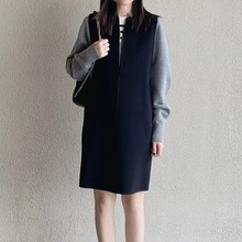 v领无袖羊毛混纺双面呢连衣裙女秋冬款中长款小黑裙