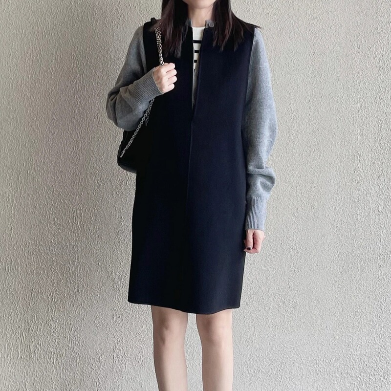 v-neck Sleeveless Wool Blended Double-sided Woolen Dress for Women Autumn and Winter Mid-length Little Black Dress