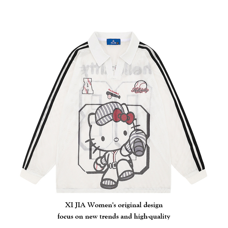 American Retro Hello Kitty Cut Out Mesh Jersey Long-Sleeved T-Shirt for Women 2025 Autum Loose Casual Sports Top American Retro Hello Kitty Cut Out Mesh Jersey Long-Sleeved T-Shirt for Women 2025 Autum Loose Casual Sports Top