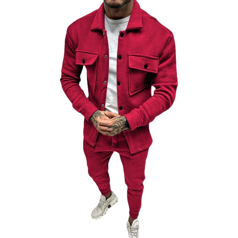 23 traje de moda transfronterizo más el tamaño de la tendencia del comercio exterior de los hombres de primavera y otoño botón gamuza chaqueta casual pantalones de 2 piezas conjunto