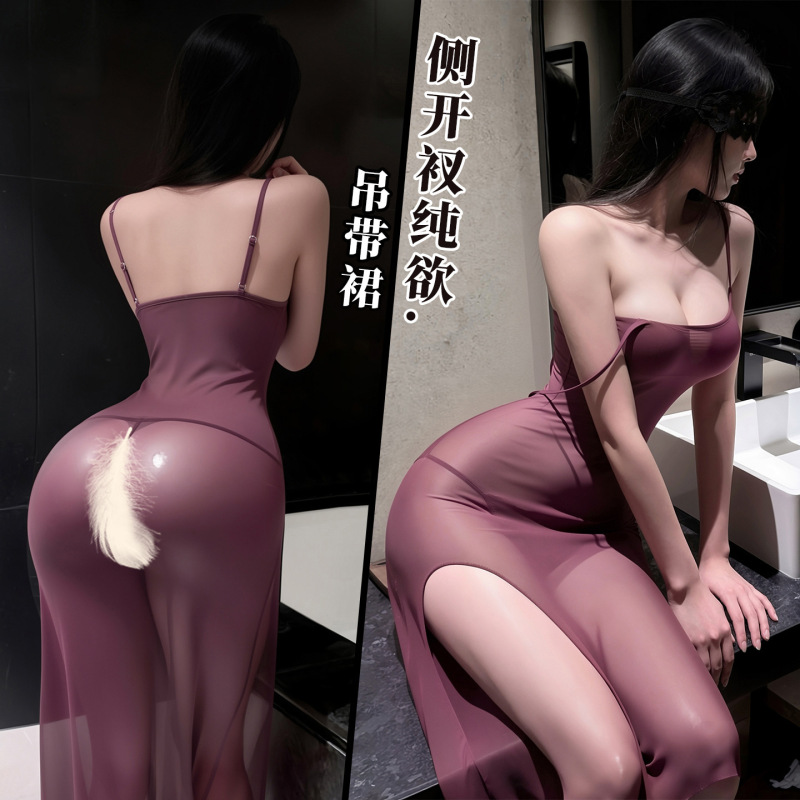 Feimu Side-Slit Deep U-Neck Low-Cut Sexy Backless Sheer Mesh Slip Dress See-Through Seductive Nightgown 6572 Feimu Side-Slit Deep U-Neck Low-Cut Sexy Backless Sheer Mesh Slip Dress See-Through Seductive Nightgown 6572