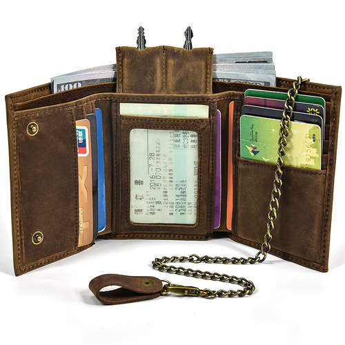 Genuine Leather Wallet Retro Men's Crazy Horse Leather Coin Purse Multiple Card Positions with Key Position Iron Chain Tri-fold Wallet Amazon