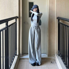 灰色のひもの広い足のズボンの女性の2024年の春の高い腰のまっすぐな筒の怠惰な風のゆったりしているレジャーのスポーツの衛のズボン