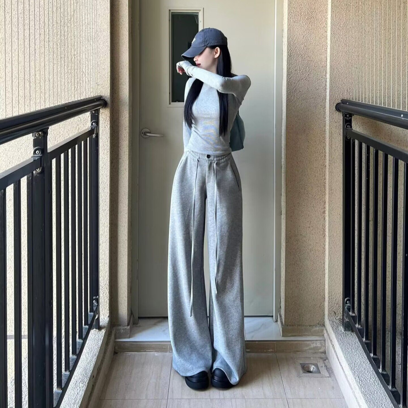 灰色のひもの広い足のズボンの女性の2024年の春の高い腰のまっすぐな筒の怠惰な風のゆったりしているレジャーのスポーツの衛のズボン|undefined