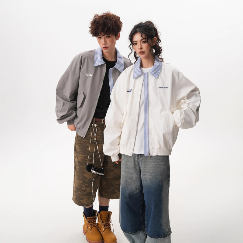 美式复古假两件翻领棒球服女男秋季条纹绣花休闲百搭情侣夹克外套|undefined