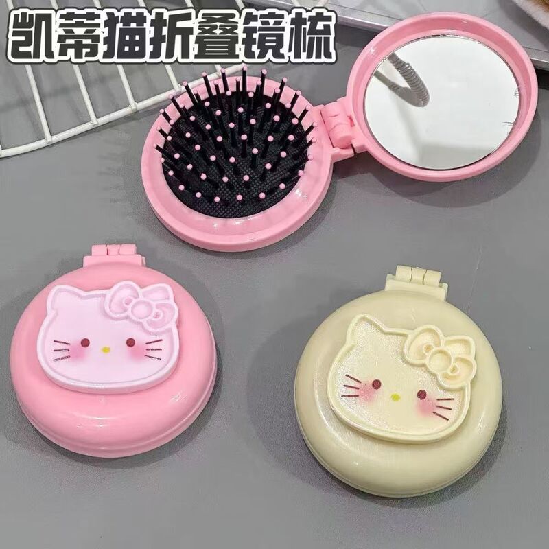 【新製品】かわいいkt猫ラウンドエアクッションコームツーインワンミラーコーム旅行ポータブル折りたたみエアバッグコーム|undefined