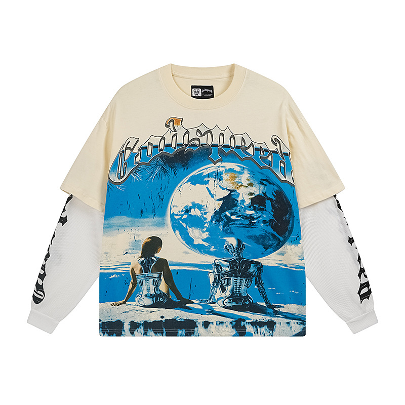 Al por mayor transfronterizo MideaGO Skull Metal Rock Band Robot camiseta de base de algodón suelta camiseta de manga larga