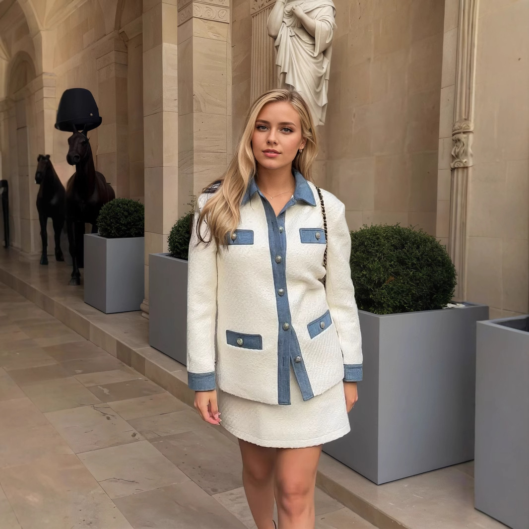 European and American Commuter Off-White Tweed Fabric Splicing Lapel Four-Pocket Design Small Fragrance Splicing Top Jacket