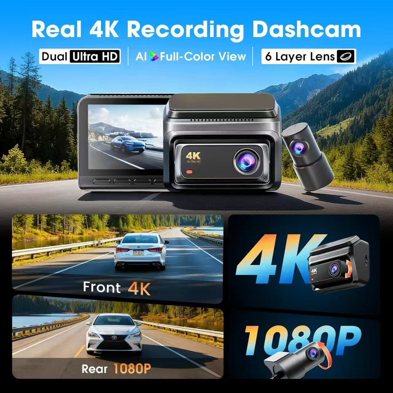 V64 Cross-Border 4K+1080P Front and Rear Lens High-Definition Night Vision Dash Cam