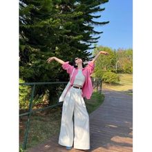 韩系粉色宽松休闲长袖衬衫女2024夏季新款高级感清新减龄套装潮