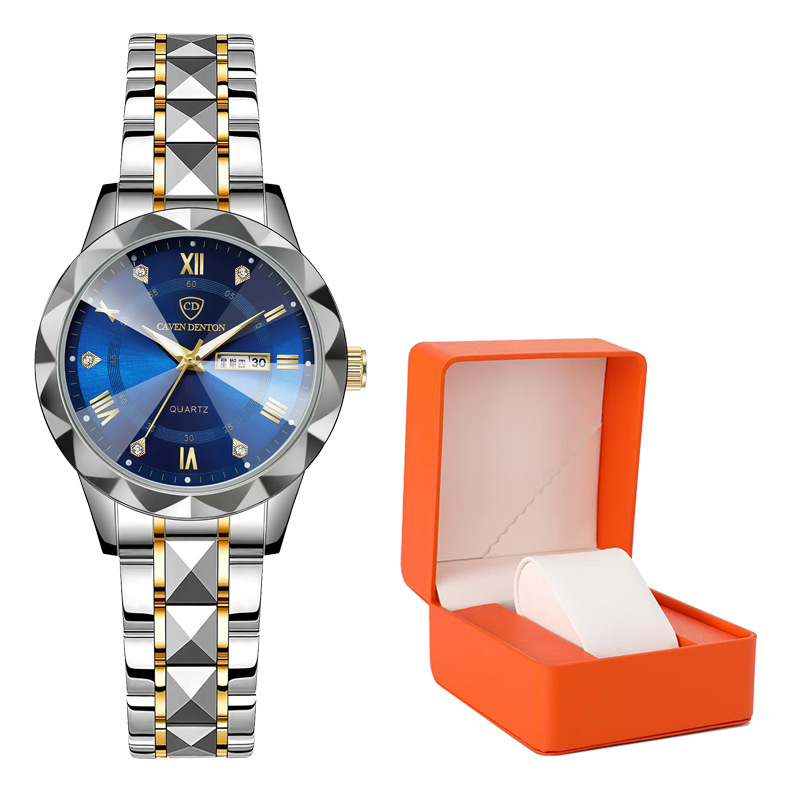 듀얼 캘린더 블루 페이스(골드 스트랩) - 오렌지색 선물 상자