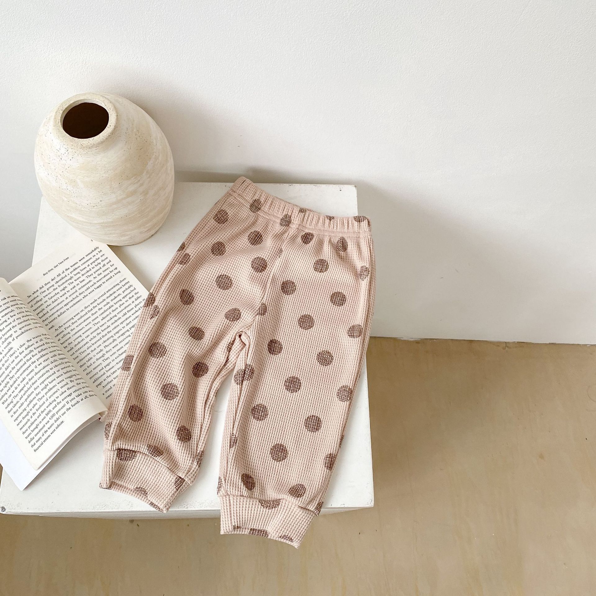 INS2024 Autumn Waffle Dot Print Set for Boys Girls Baby Top and Pants, Two Piece Home Clothes_voghion.com