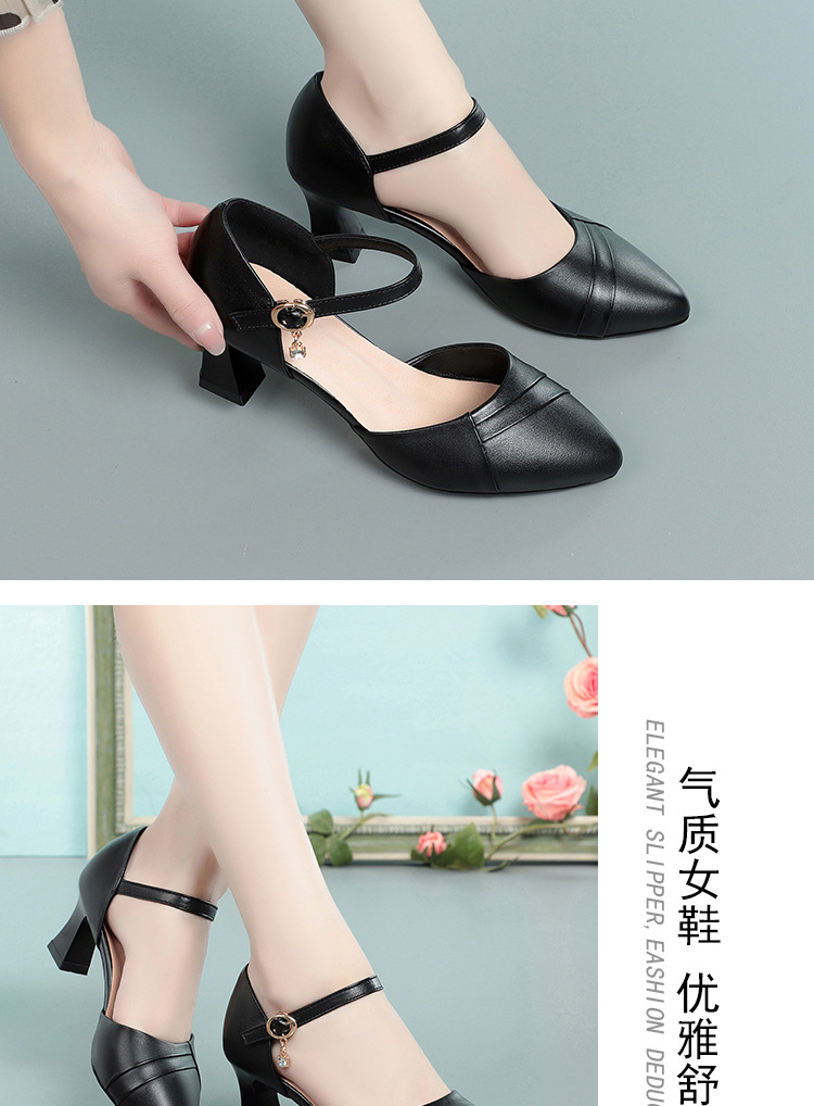 Dép sandal nữ quai chữ V mũi hở, gót dày da thật, giày công sở mùa hè — Màu be chi tiết 13