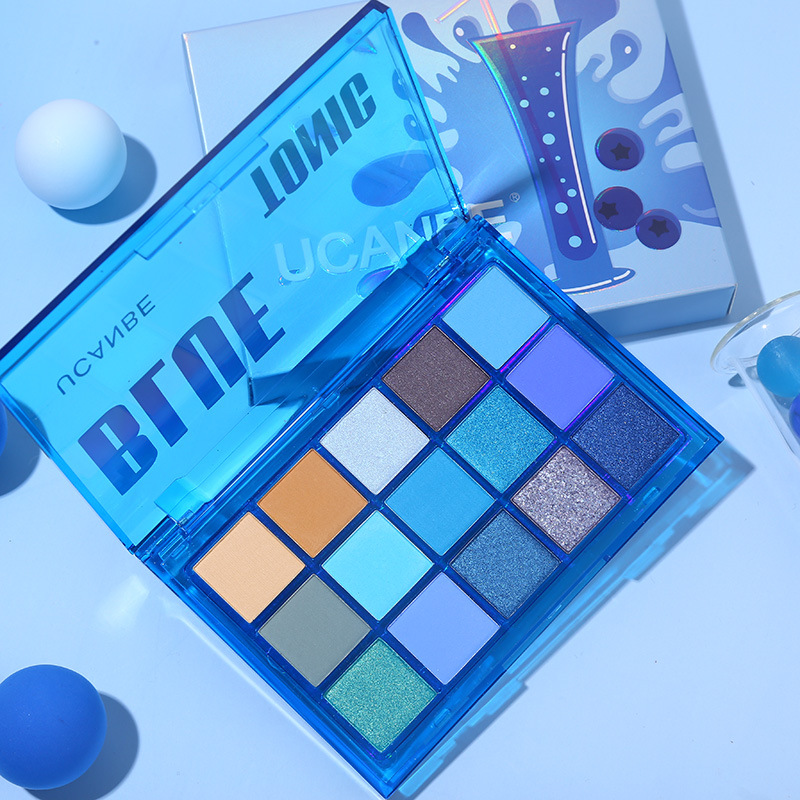 Ucanbe 15-Color Blue Gin and Tonic Eyeshadow Palette Klein Blue-Green Matte Pearlescent 61 Stage Highlighter