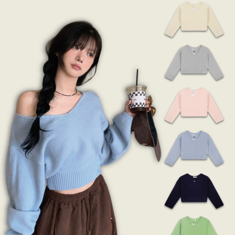 Early Autumn Korean Dongdaemun Modimood Large V Neck Oblique Off-Shoulder Waist Side Button Knitwear Loose Knitwear for Women