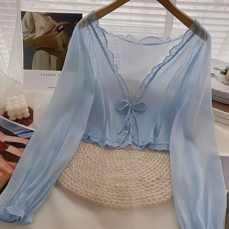 サスペンダースカート付きショール、ブラウス、シフォンカーディガン、女子学生夏用日焼け止め服、スーパーフェアリーショートスタイル|undefined