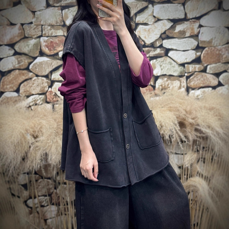 新品休闲洋气无袖上衣女复古文艺百搭宽松V领马甲|undefined