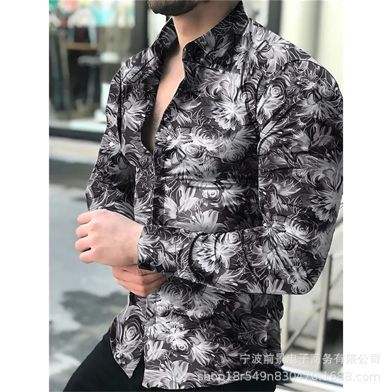2025wish AliExpress 新しいメンズ 3D デジタルプリント長袖シャツ春メンズラペルスリムトップ|undefined