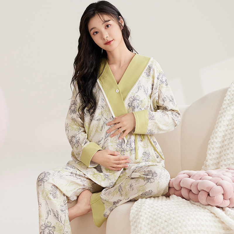 婧麒月子服十月份产后纯棉哺乳睡衣怀孕期孕妇斜襟喂奶家居服套装|undefined