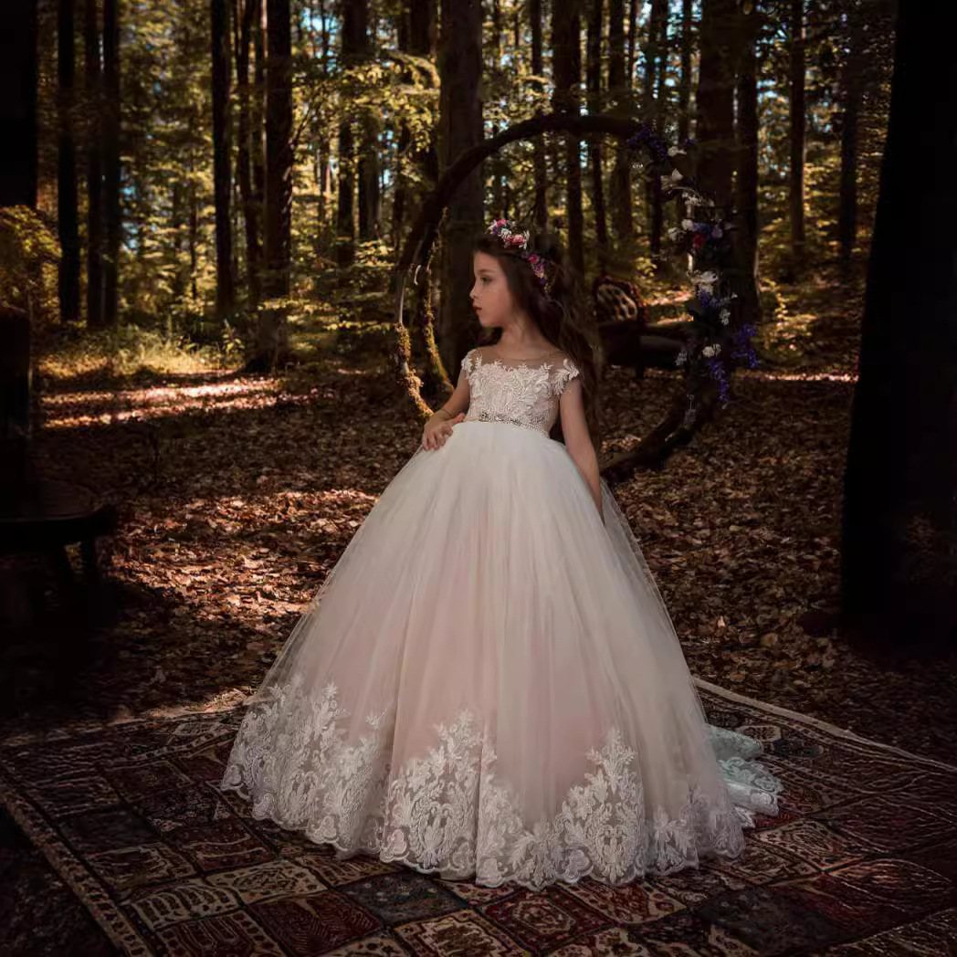 Comercio exterior transfronterizo encaje perla sin mangas vestido de boda de niña vestido de princesa florista espectáculo largo anfitrión
