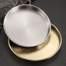 韩式不锈钢盘子圆盘商用金色平底托盘加厚凉皮锣锣肠粉盘蒸盘途达