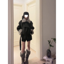 【丝绒黑巧】韩系毛呢外套深灰色短裤两件套女冬季慵懒风气质套装