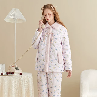可外穿夹棉睡衣女冬季碎花国风盘扣毛绒领三层加厚保暖家居服套装