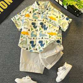 男童夏装套装2026新款洋气宝宝夏季网红衬衫短袖衣服儿童酷帅童装