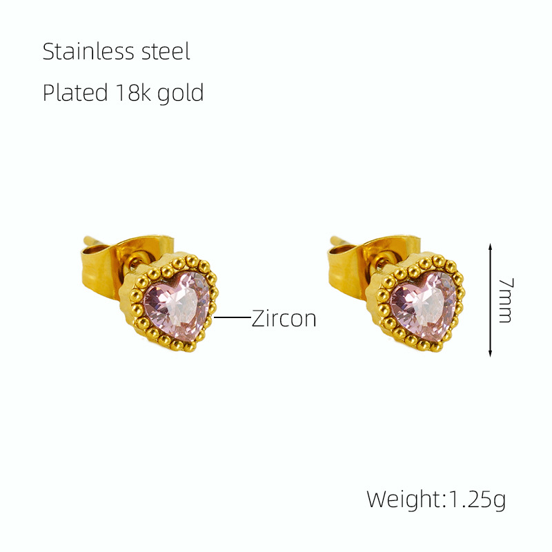 Casual Simple Style Heart Shape Stainless Steel Zircon Ear Studs 1 Pair display picture 2
