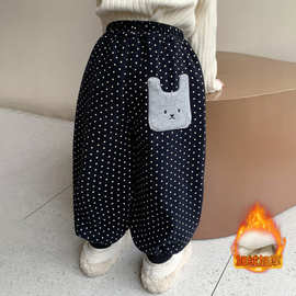 女童秋冬加绒裤子2025新款洋气宝宝波点加厚裤子儿童冬季休闲长裤