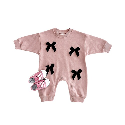 Spring and Autumn Newborn Baby Girl Butterfly Bow Round Neck Long Sleeve Bodysuit for Infants