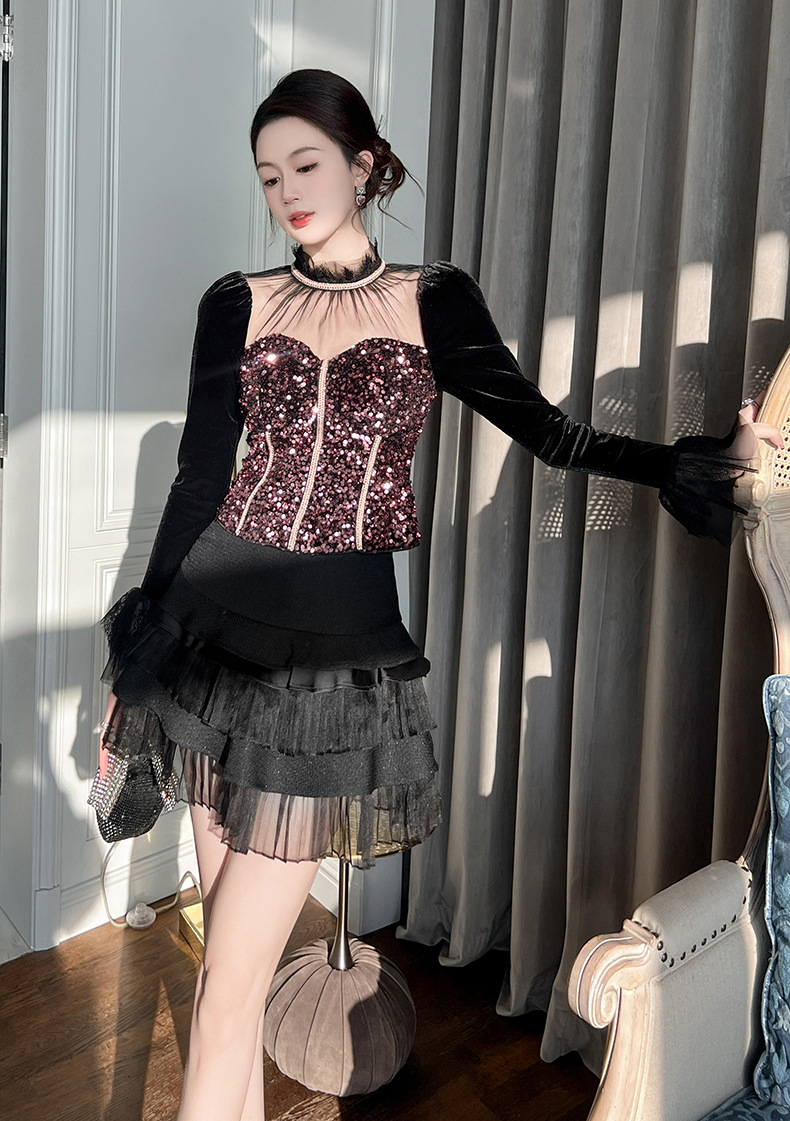 Áo len cổ lọ nữ tay dài đính sequin lưới xuyên thấu dáng ôm — bột màu đen chi tiết 6