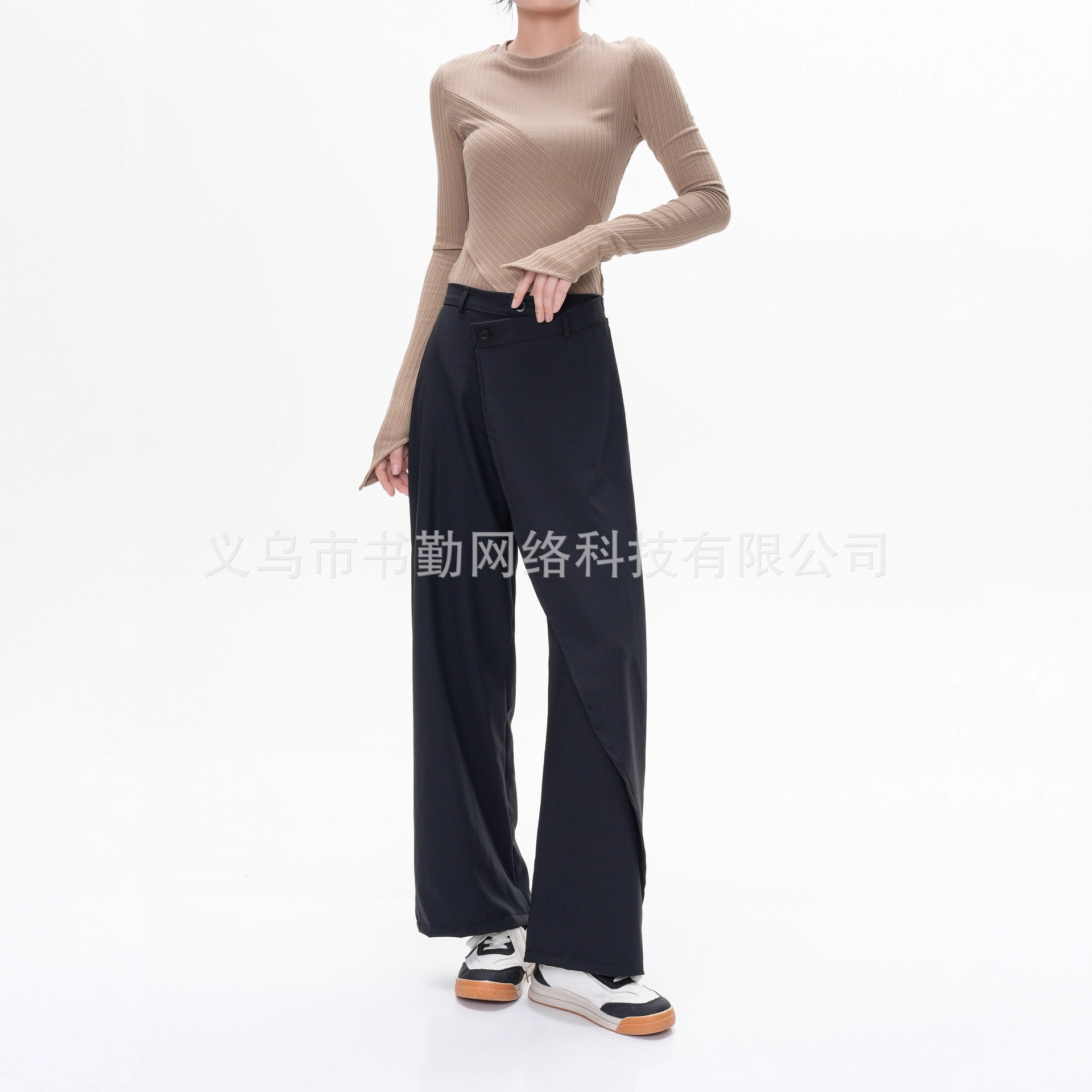 欧美跨境时尚不规则拼接西装裤女春秋季设计款高街休闲直筒长裤潮