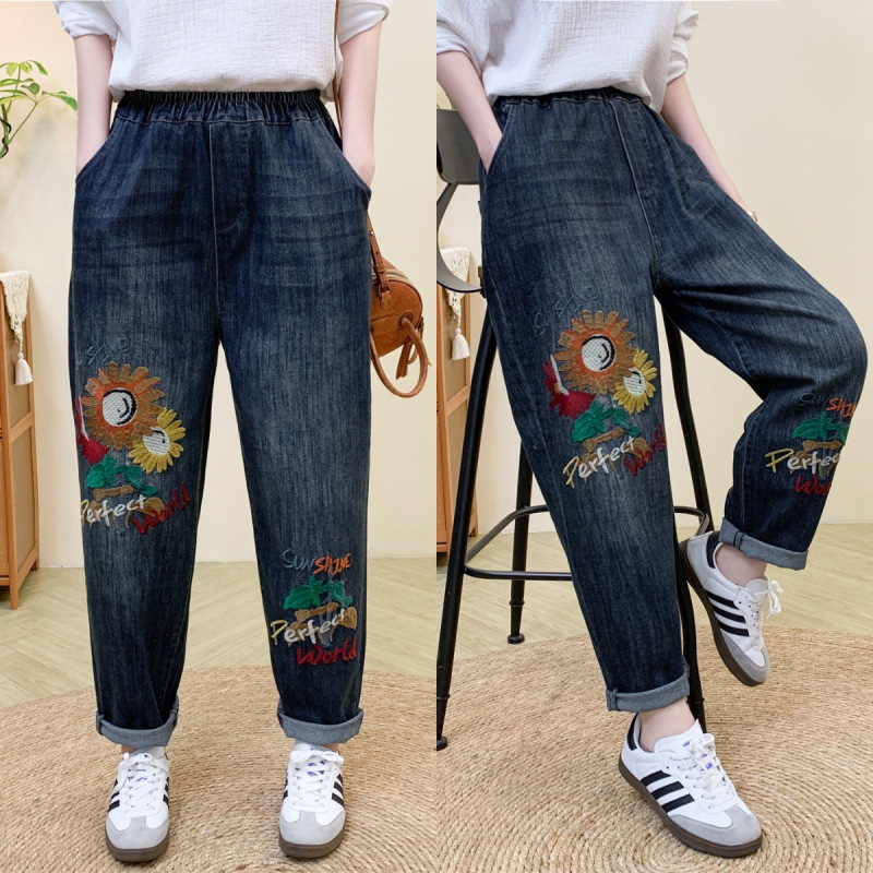 文学レトロ花刺繍ストレッチジーンズ女性の春夏の新しいルーズプラスサイズスリム多用途ハーレムパンツ|undefined