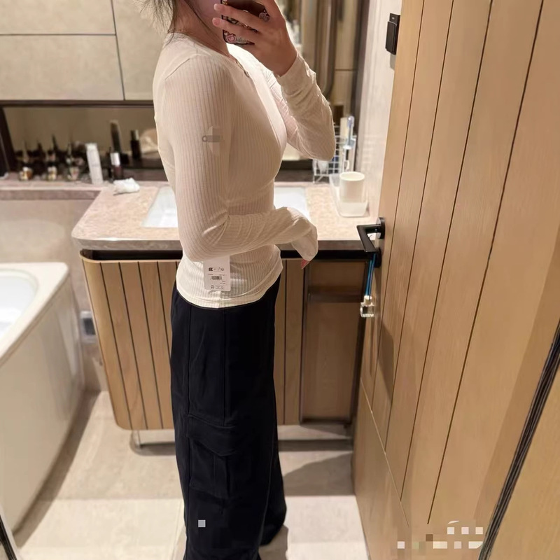 Cross-Border Alo Ribbed Quick-Dry Pilates Base Layer T-Shirt for Women, Long-Sleeve Regular Shoulder Yoga Casual Top for Spring and Autumn