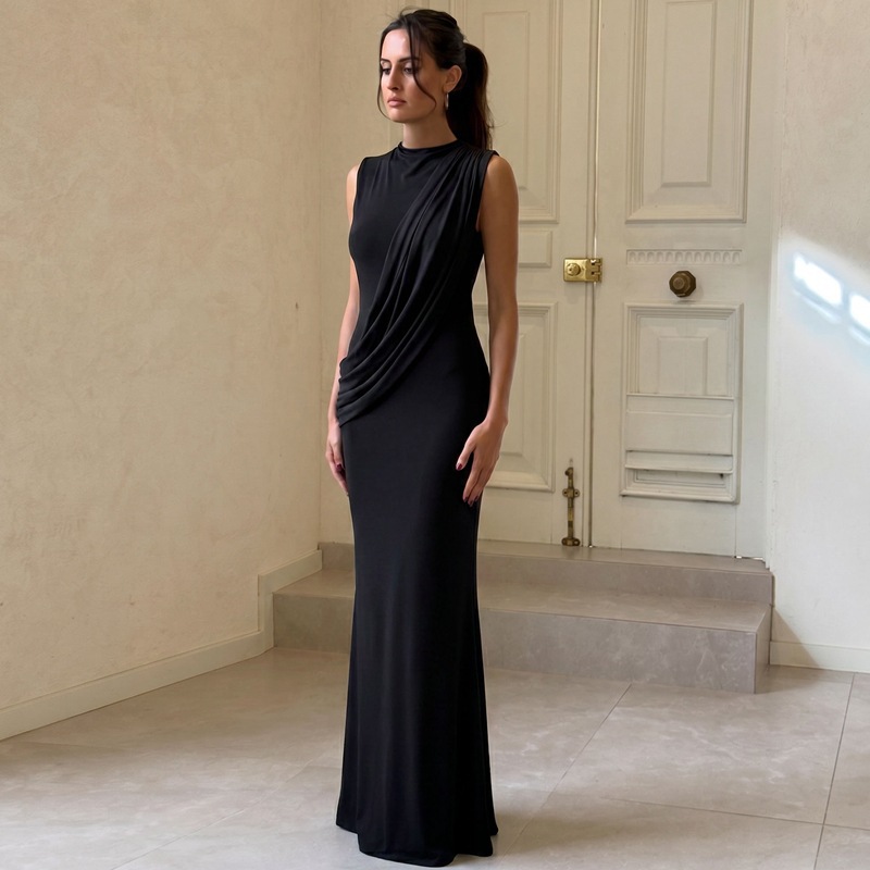 Europa y los Estados Unidos de comercio exterior ropa de mujer 2026 verano nuevo plegado de moda sexy cuello redondo sin mangas vestido ajustado mujer image 3