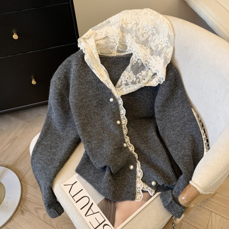Hooded Knitted Cardigan Lace Sweater Coat Women's Advanced Design Sense Niche Lazy Style Super Nice Gentle Top