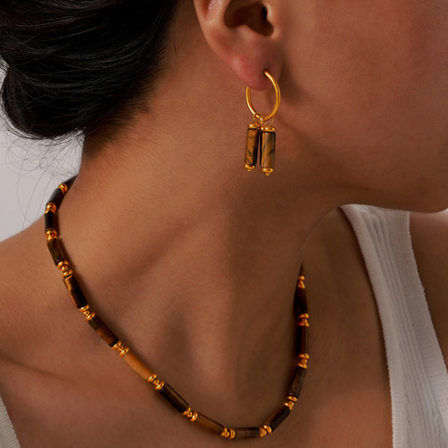 Leatherback-style retro niche temperament elegant jewelry tiger's eye bead design sense titanium steel gold-plated jewelry set