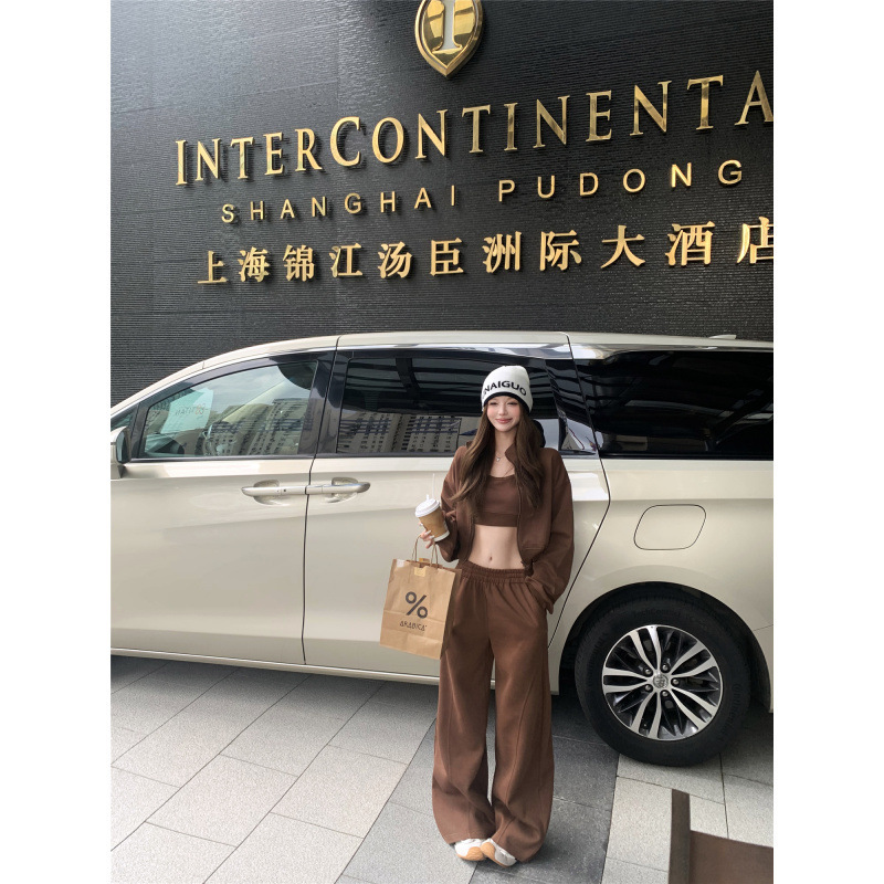 辣妹洋气套装短款露脐领背心拉链长袖外套休闲裤三件套套装女|undefined