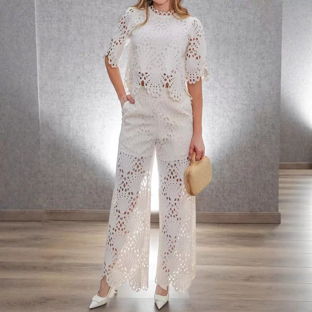 欧美跨境夏季新款时尚设计感刺绣花瓣袖休闲镂空蕾丝套装女薄款
