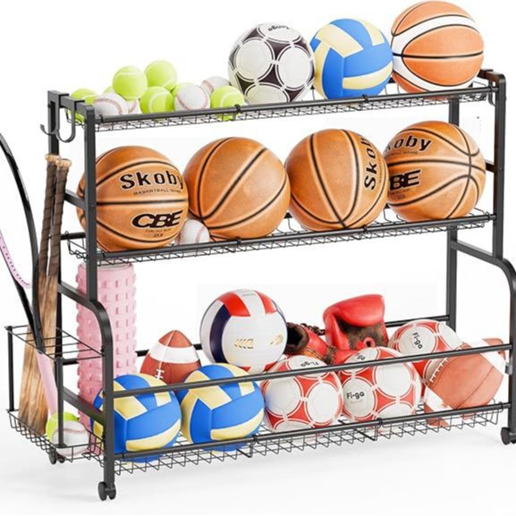 亚马逊运动器材设备球类收纳架棒球棍羽毛球拍车库收纳金属展示架