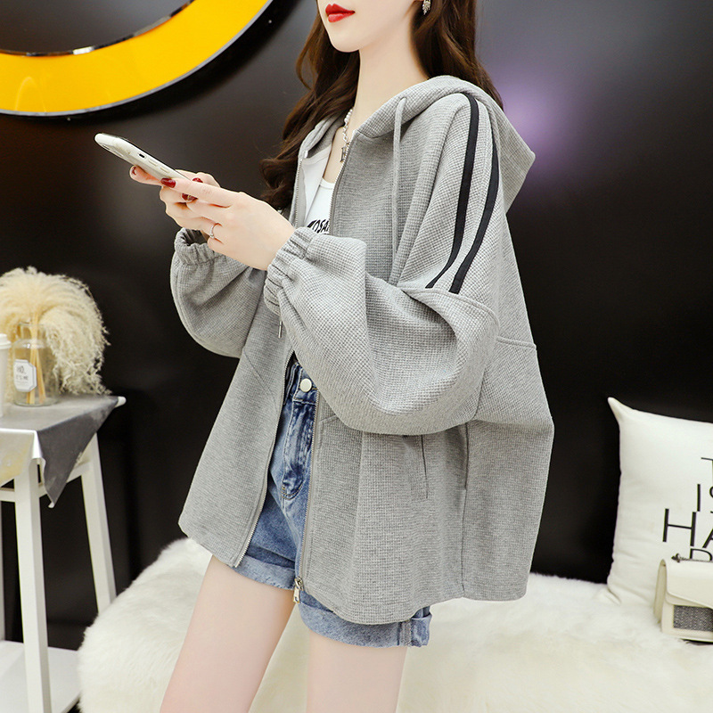 Waffle Knit Plus-Size Mid-Length Sweatshirt for Women 2025 New Trendy Thin Fashionable Cardigan Spring and Autumn Jacket Trendy