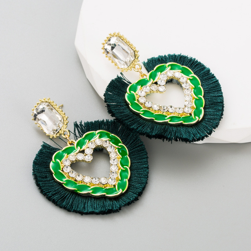 Tassel, Heart Shape Pattern Ethnic Style Tassel Heart Shape Alloy Rhinestone Women's Drop Earrings 1 Pair