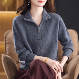 25年秋冬新款羊毛衫女翻领拉链绞花时尚毛衣宽松100%羊毛针织衫，女装针织衫/毛衣，妃慕昵服饰
