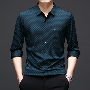 Ice Silk Stretch Thin Stripe Printed Long-sleeved Shirt Men's Spring and Autumn Business Casual All-match Loose Shirt for Men